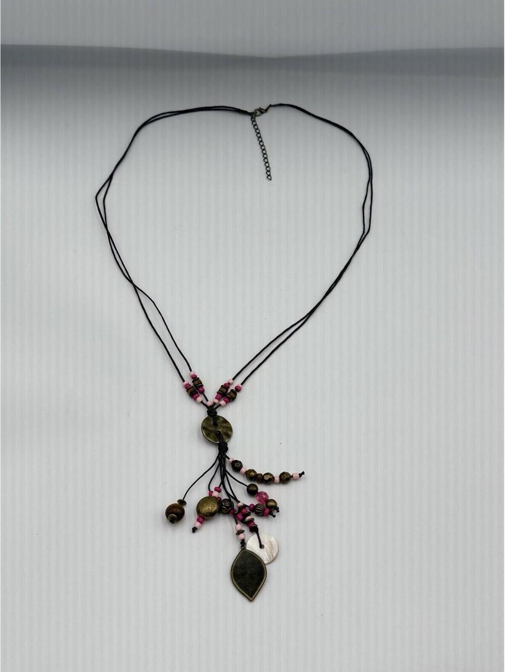 Y2K Boho Beaded Tassel Necklace Pink Brown